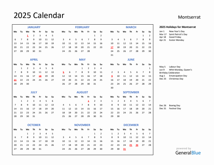 2025 Calendar with Holidays for Montserrat