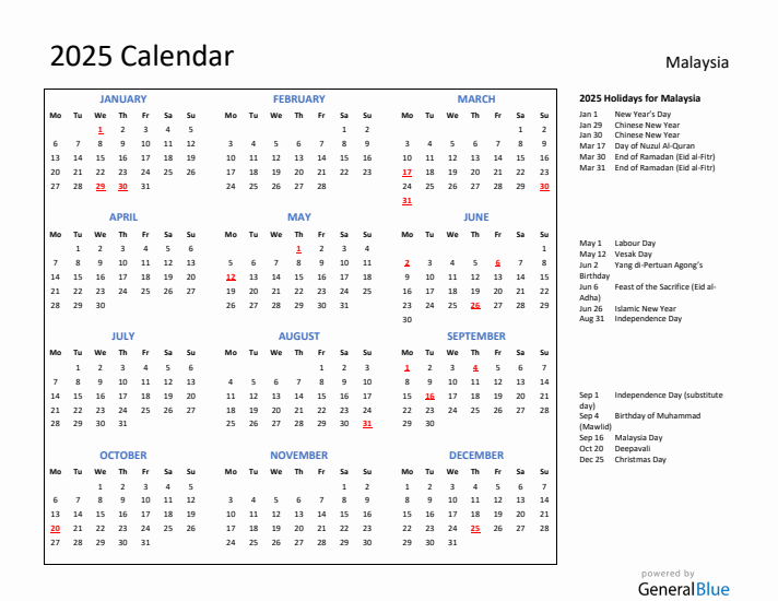 2025 Calendar with Holidays for Malaysia