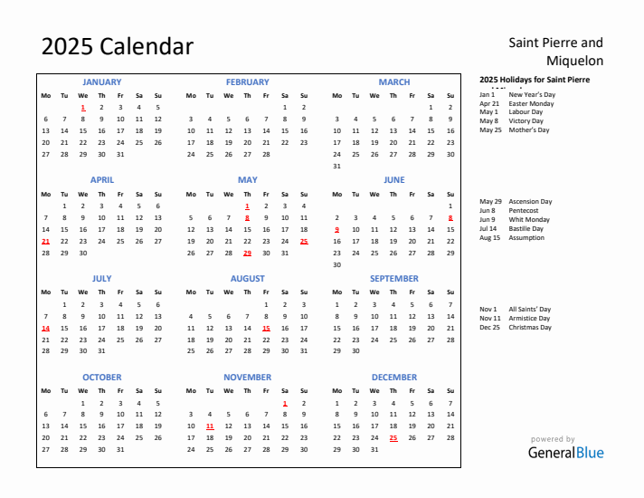 2025 Calendar with Holidays for Saint Pierre and Miquelon