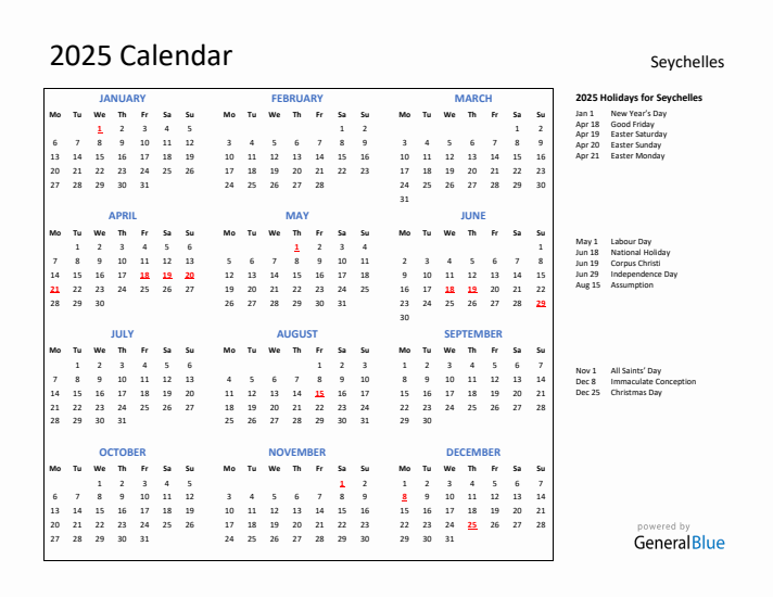 2025 Calendar with Holidays for Seychelles
