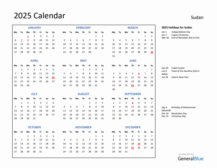 2025 Calendar with Holidays for Sudan