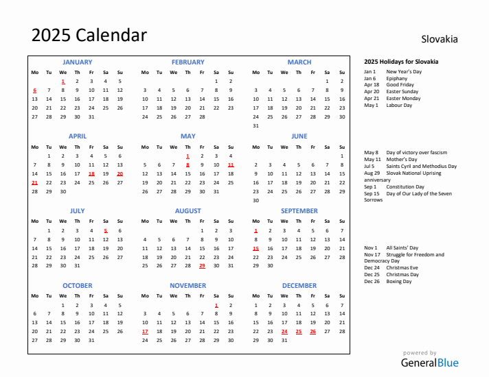 2025 Calendar with Holidays for Slovakia