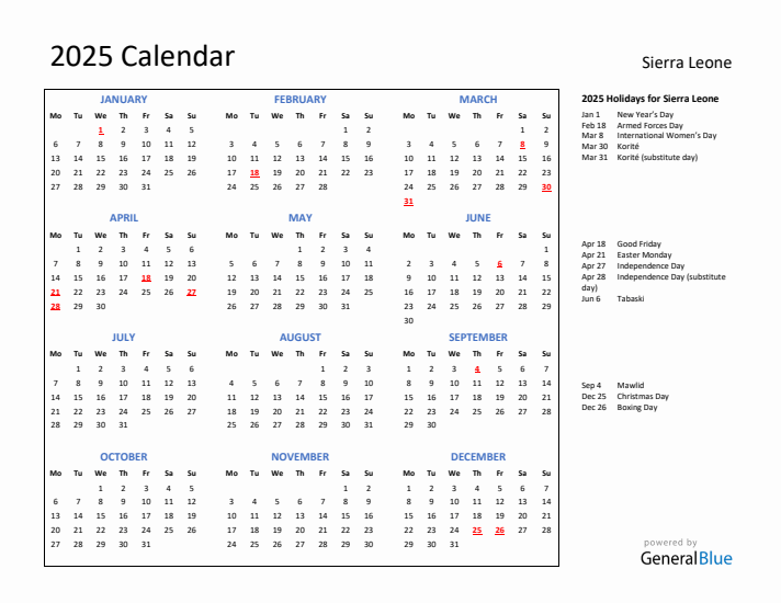 2025 Calendar with Holidays for Sierra Leone