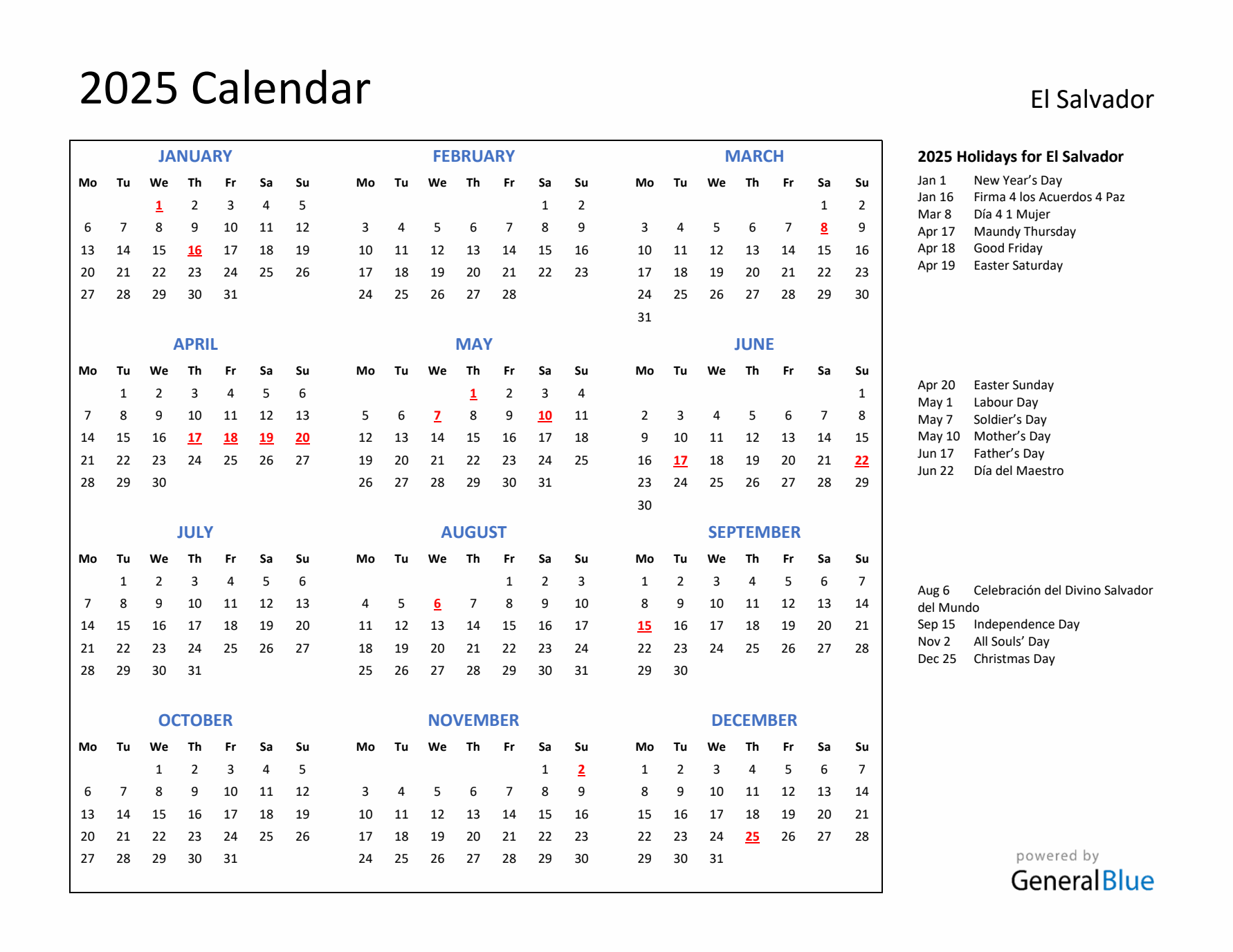 2025 Calendar with Holidays for El Salvador