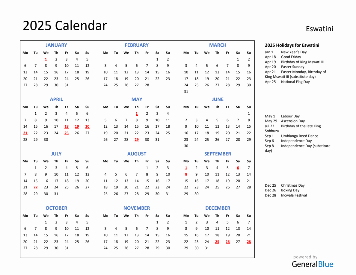 2025 Calendar with Holidays for Eswatini - Monday Start