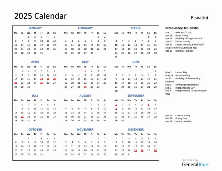 2025 Calendar with Holidays for Eswatini