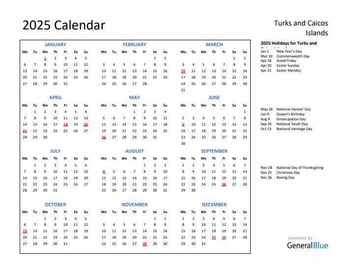 2025 Calendar with Holidays for Turks and Caicos Islands