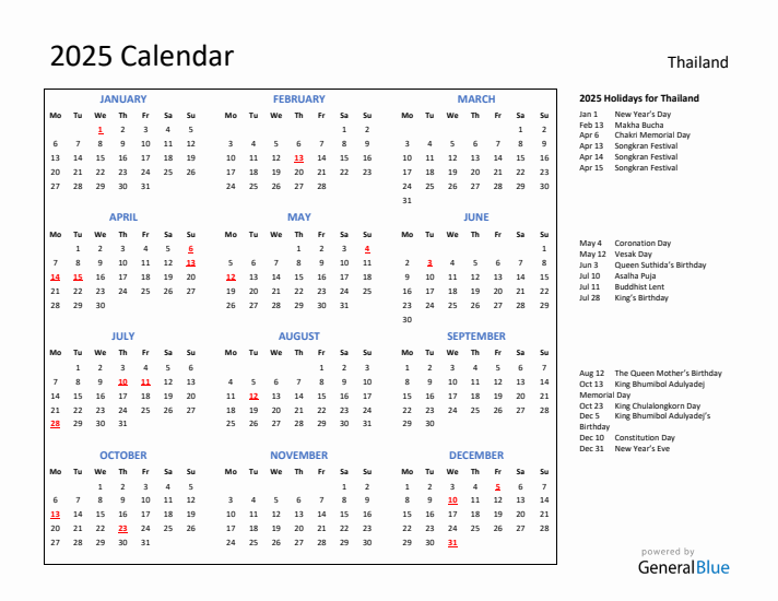 2025 Calendar with Holidays for Thailand
