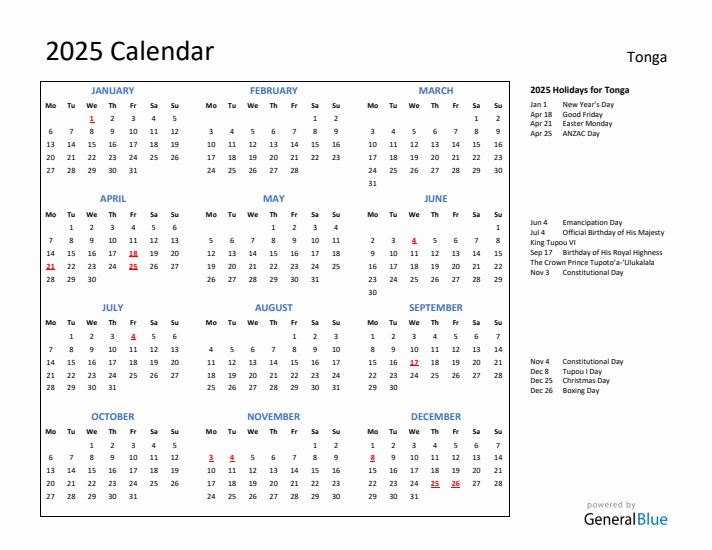 2025 Calendar with Holidays for Tonga