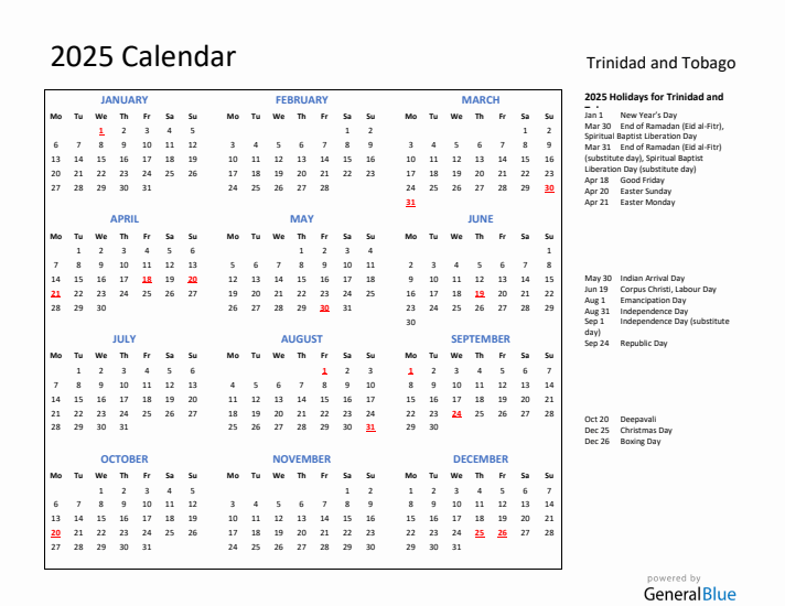 2025 Calendar with Holidays for Trinidad and Tobago