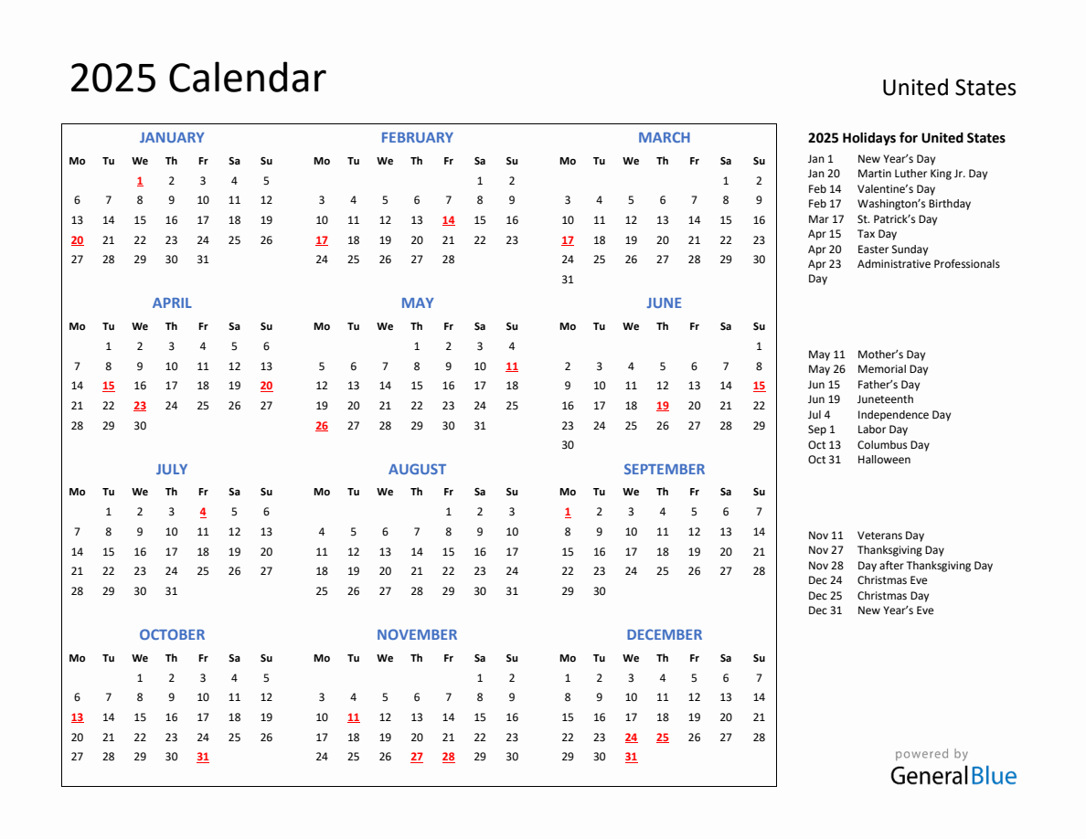 2025 Calendar with Holidays for United States - Monday Start