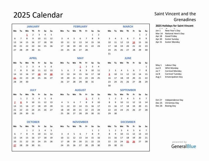 2025 Calendar with Holidays for Saint Vincent and the Grenadines