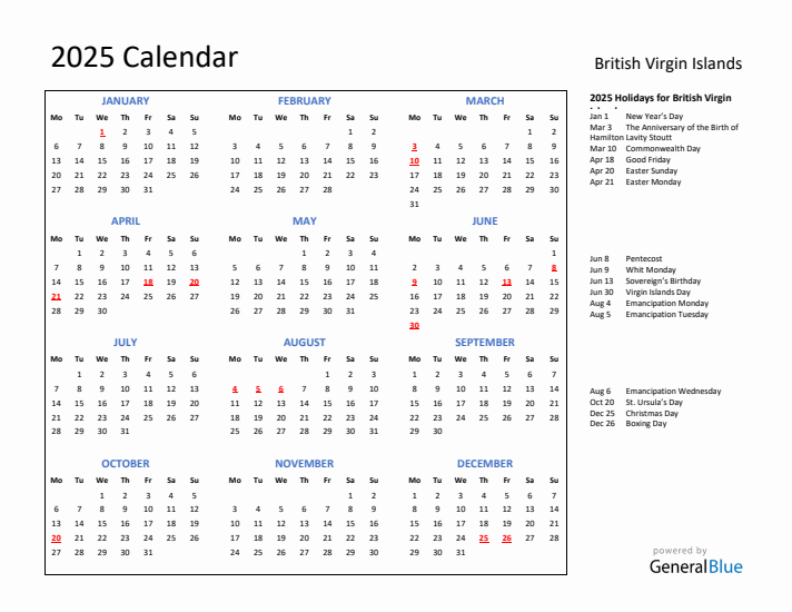 2025 Calendar with Holidays for British Virgin Islands
