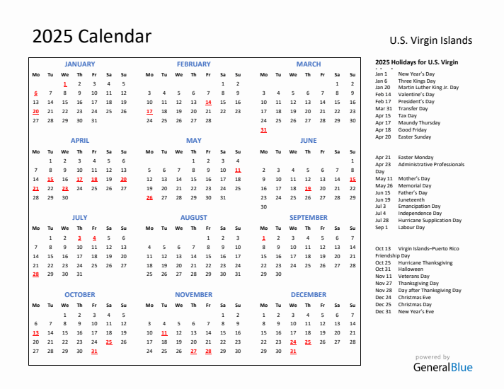 2025 Calendar with Holidays for U.S. Virgin Islands