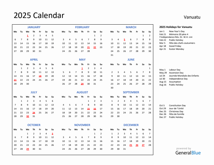 2025 Calendar with Holidays for Vanuatu