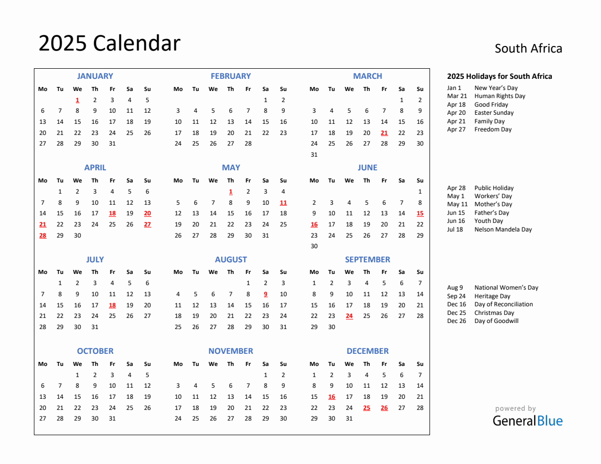 2025 Calendar with Holidays for South Africa - Monday Start
