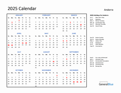 Andorra current year calendar 2025 with holidays