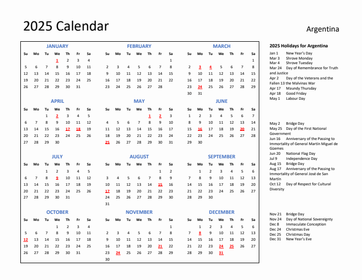 2025 Calendar with Holidays for Argentina