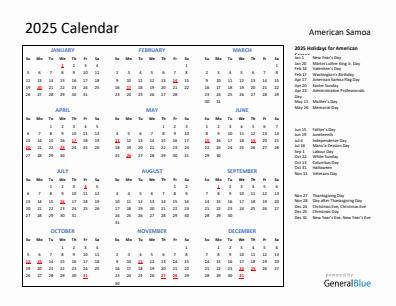 American Samoa current year calendar 2025 with holidays