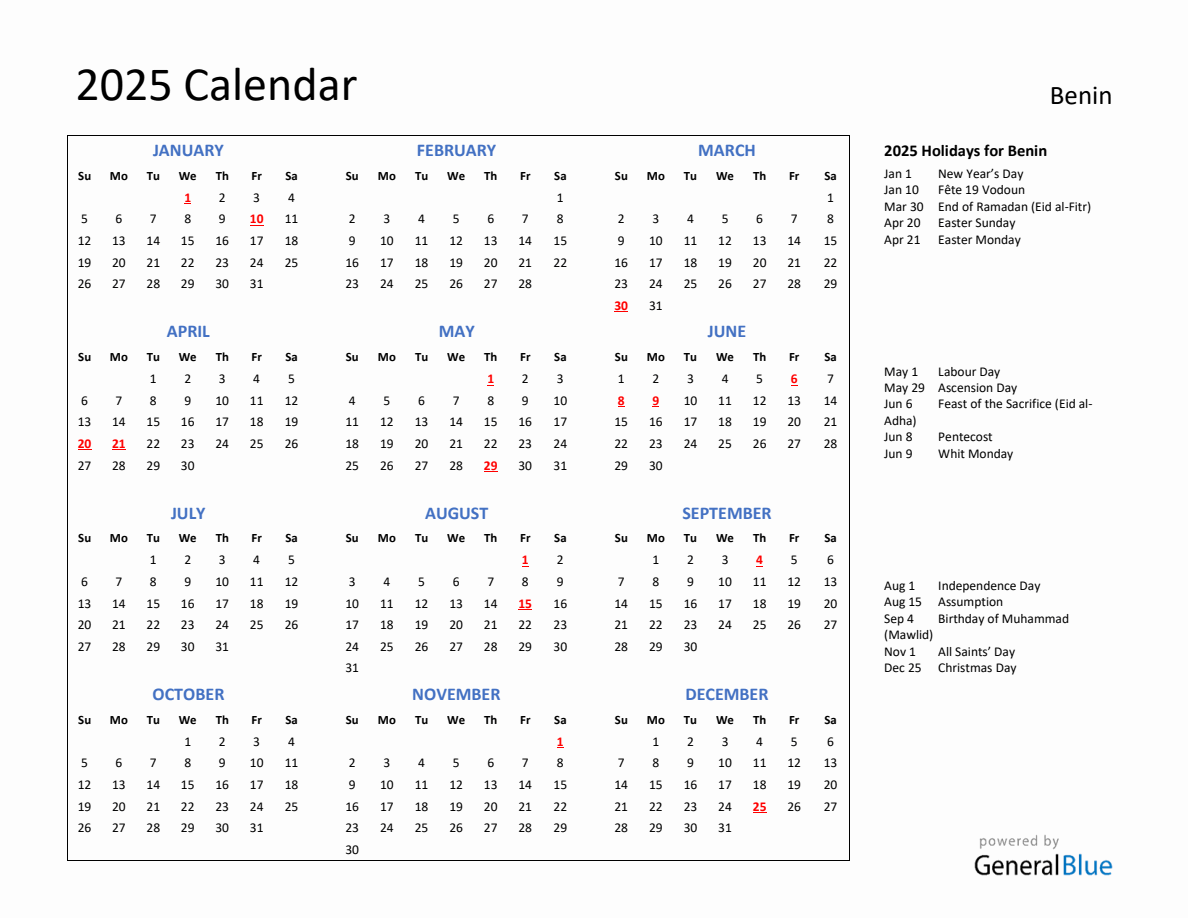 2025 Calendar with Holidays for Benin 2025-calendar-with-holidays-for-benin
