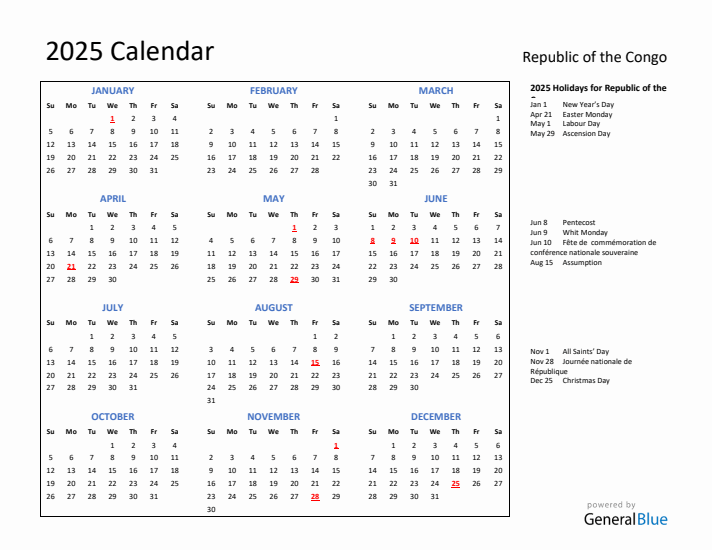 2025 Calendar with Holidays for Republic of the Congo