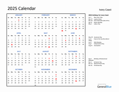 Ivory Coast current year calendar 2025 with holidays