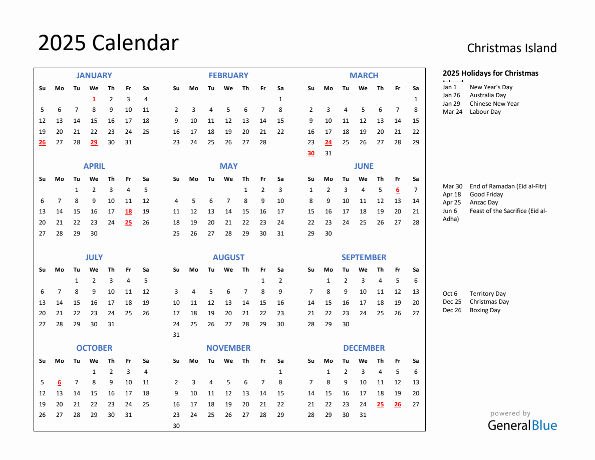 2025 Calendar with Holidays for Christmas Island