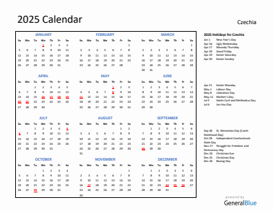 Czechia current year calendar 2025 with holidays