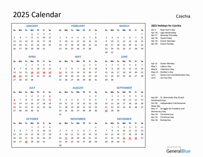 2025 Calendar with Holidays for Czechia