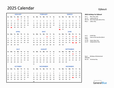 Djibouti current year calendar 2025 with holidays