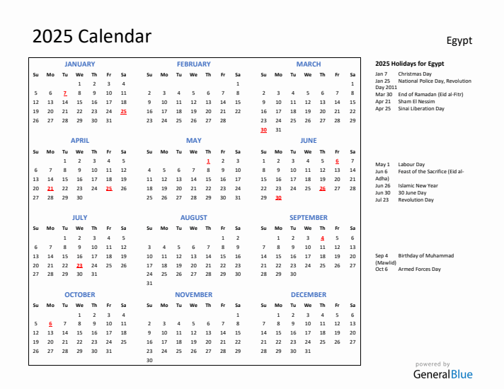 2025 Calendar with Holidays for Egypt