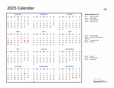 Fiji current year calendar 2025 with holidays