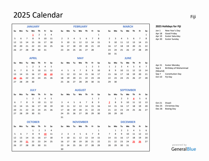 2025 Calendar with Holidays for Fiji