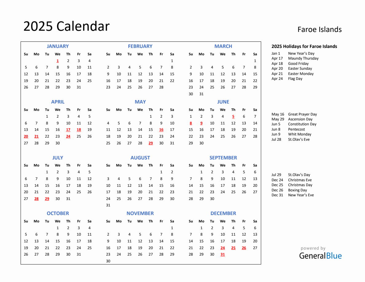 2025 Calendar with Holidays for Faroe Islands