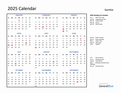 Gambia current year calendar 2025 with holidays