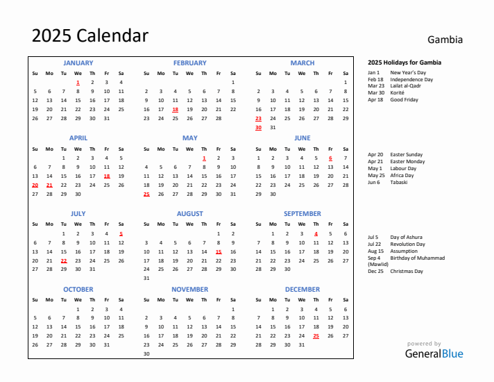2025 Calendar with Holidays for Gambia