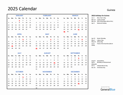 Guinea current year calendar 2025 with holidays
