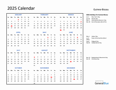 Guinea-Bissau current year calendar 2025 with holidays