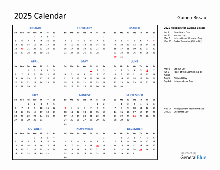 2025 Calendar with Holidays for Guinea-Bissau