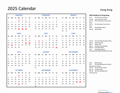 Hong Kong current year calendar 2025 with holidays