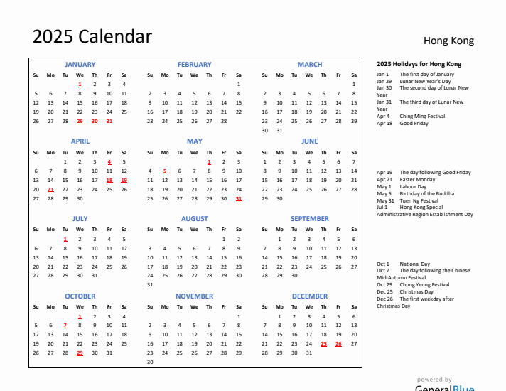 2025 Calendar with Holidays for Hong Kong