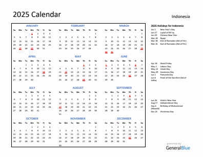 Indonesia current year calendar 2025 with holidays