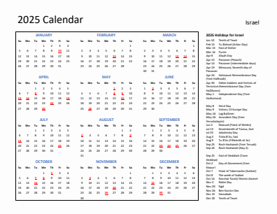 Israel current year calendar 2025 with holidays