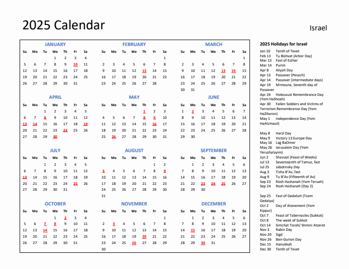 2025 Calendar with Holidays for Israel