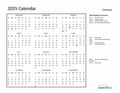Comoros current year calendar 2025 with holidays