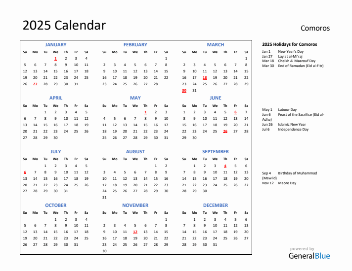 2025 Calendar with Holidays for Comoros
