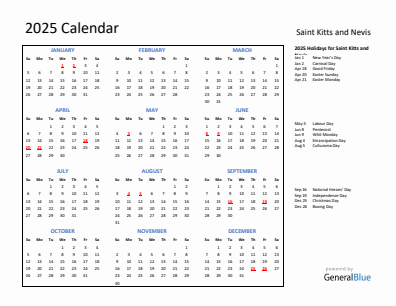 Saint Kitts and Nevis current year calendar 2025 with holidays