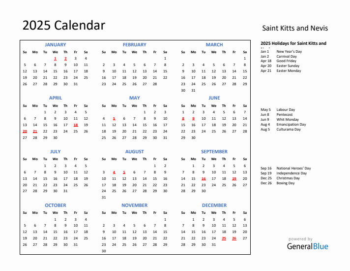 2025 Calendar with Holidays for Saint Kitts and Nevis