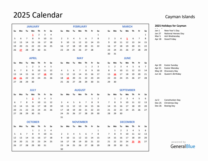 2025 Calendar with Holidays for Cayman Islands