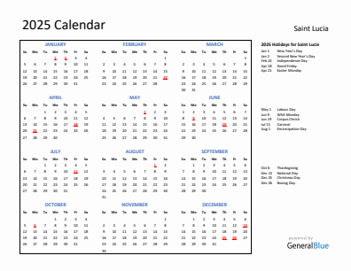 Saint Lucia current year calendar 2025 with holidays